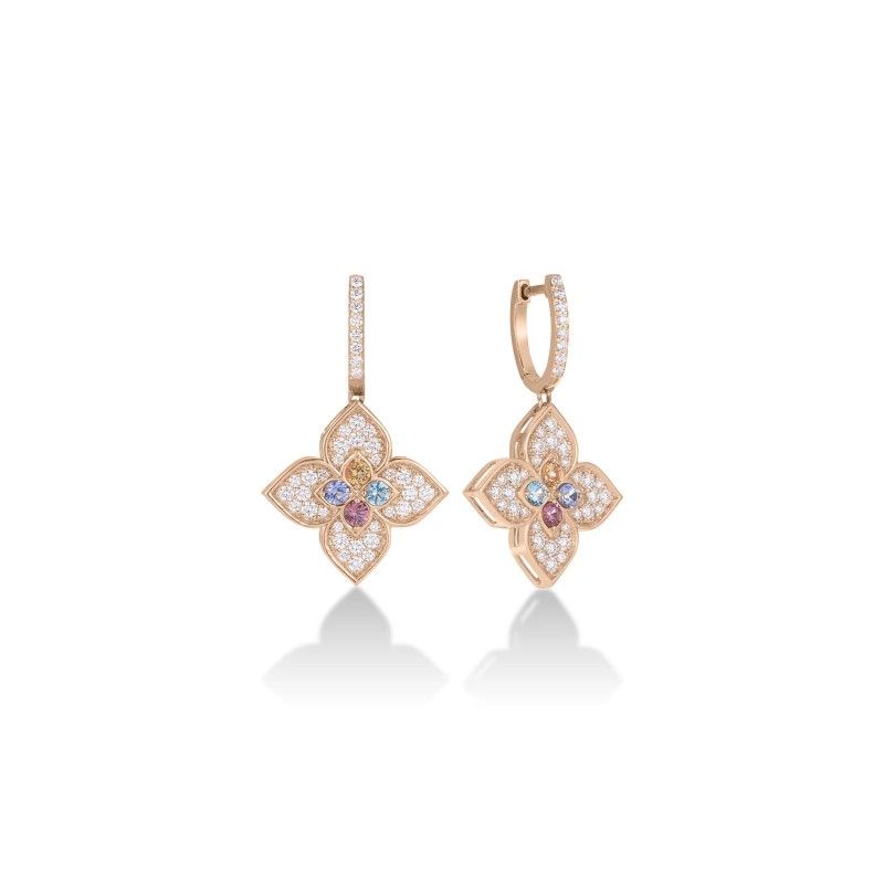 18K ROSE GOLD VENETIAN PRINCESS CARNIVAL PAVÃ‰ DIAMOND AND MIXED STONES FLOWER DROP EARRINGS BTOP-0.10, CITR-0.09 DIAM-087, RUB 0.10 RUBY-0.01 TANZ-0.10