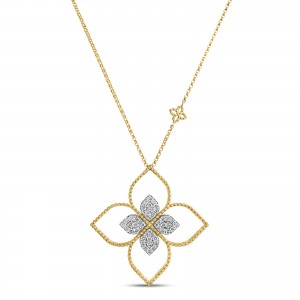 18K TWO-TONE GOLD PRINCESS FLOWER OPEN FRAME PAVÃ‰ DIAMOND NECKLACE