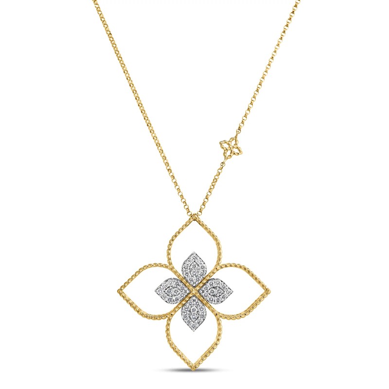 18K TWO-TONE GOLD PRINCESS FLOWER OPEN FRAME PAVÃ‰ DIAMOND NECKLACE
