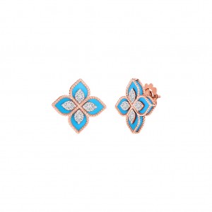18k Rose and White Gold Venetian Princess Flower Earrings with Turquoise and Diamonds