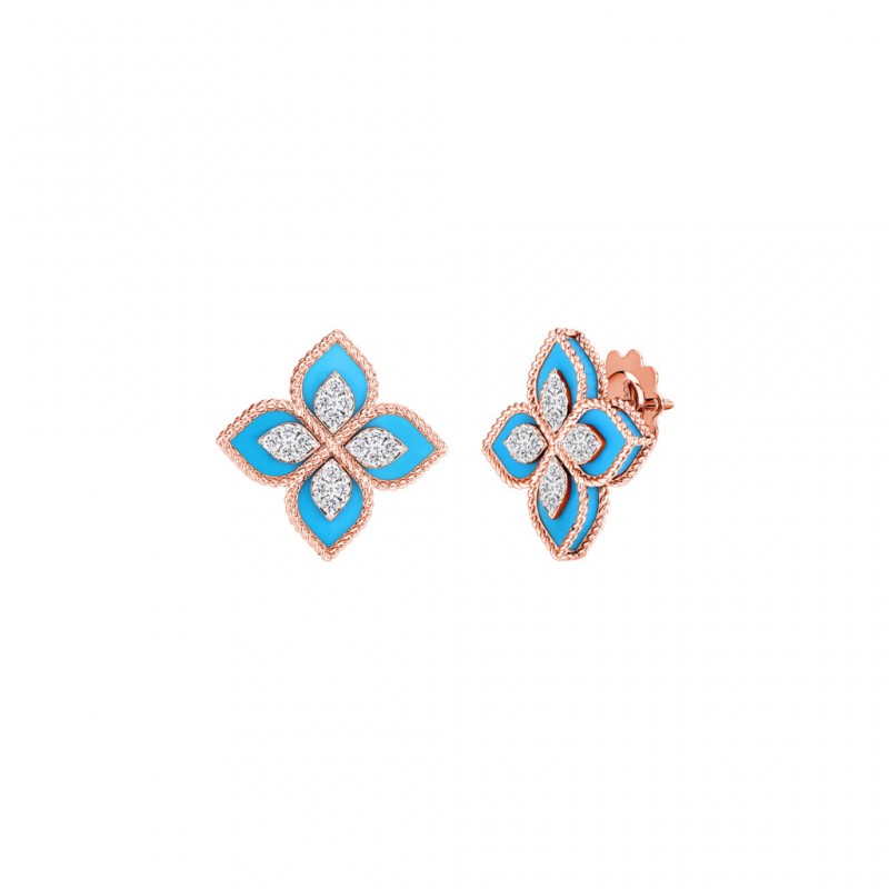 18k Rose and White Gold Venetian Princess Flower Earrings with Turquoise and Diamonds