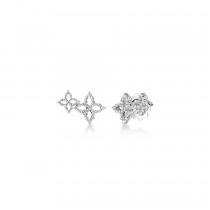 18K WHITE GOLD DIAMOND PRINCESS OUTLINE DOUBLE FLOWER STUD EARRINGS