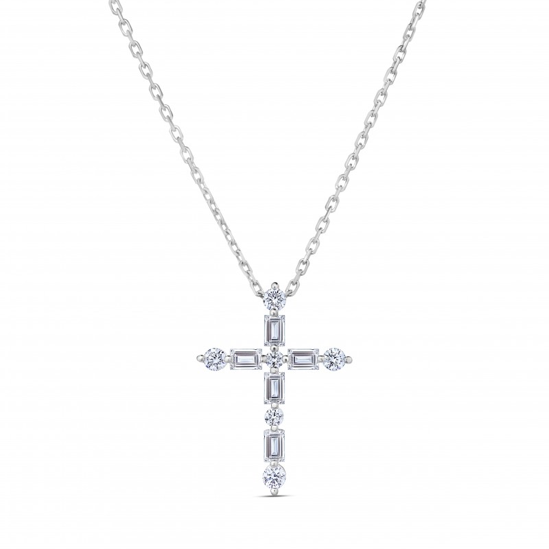 18K WHITE GOLD  CLASSIC DIAMOND MIXED CUT CROSS NECKLACE