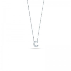 R.COIN 18K WHITE GOLD CHAIN W/ BABY DIAMOND PENDANT LOVE LETTER "C" NECKLACE. 