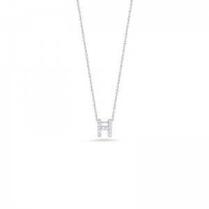 R.COIN 18K WHITE GOLD CHAIN /W BABY DIAMOND PENDANT LOVE LETTER "H" NECKLACE. 