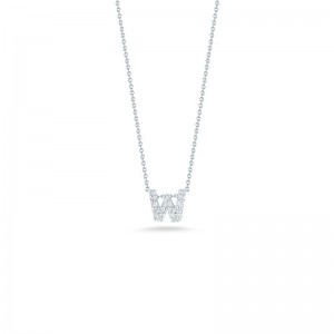 R.COIN 18K WHITE GOLD CHAIN /W BABY DIAMOND PENDANT LOVE LETTER "W" NECKLACE. 