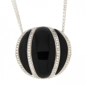 18K WG LUNA WITH ONYX NECKLACE .62 CT. WHITE GOLD AND ONYX SLICES WITH 4 PAVE CURVED COLUMNS ON A LINK CHAIN, LOBSTER