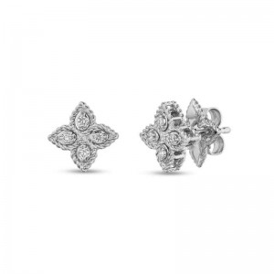 ROBERTO COIN - 18K WHITE GOLD DIAMOND PRINCESS FLOWER EARRINGS SMALL SIZE. 0.07CTS