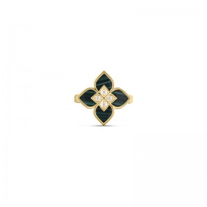 ROBERTO COIN 18K YELLOW GOLD VENETIAN PRINCESS SMALL MALACHITE DIAMOND RING 0.12. MALA-7.40