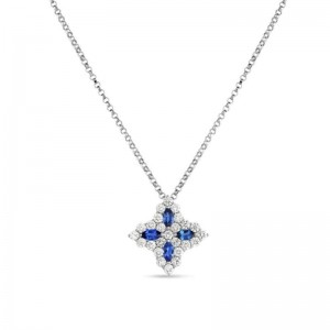 Roberto Coin: 18 Karat White Gold Princess Flower Medium Pendant With 0.50Tw Round G/H Si1 Diamonds And 4=0.32Tw Marquise Sapphires
Length:18"
