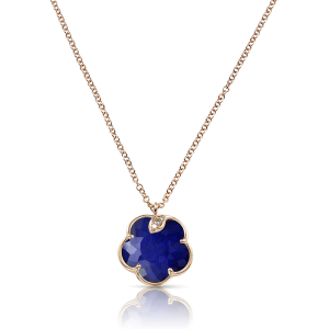 Petit Joli Necklace in 18k Rose Gold with Rock Crystal and Lapis Lazuli doublet, White and Champagne Diamonds.