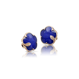 Petit Joli Stud Earrings in 18k Rose Gold with Rock Crystal and Lapis Lazuli doublet, White and Champagne Diamonds.