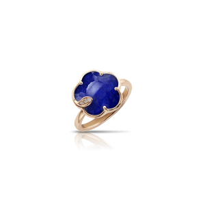 Petit Joli Ring in 18k Rose Gold with Rock Crystal and Lapis Lazuli doublet, White and Champagne Diamonds.
