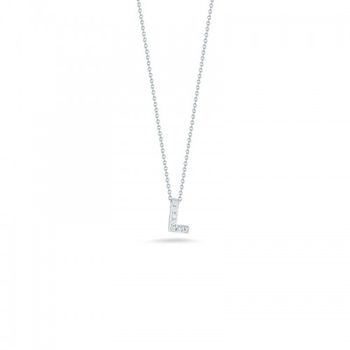 https://www.williambarthman.com/upload/product/Roberto Coin: 18 Karat White Gold  Love Letter Initial L  Pendant With 7=0.03Tw Round Diamonds  
Length: 18