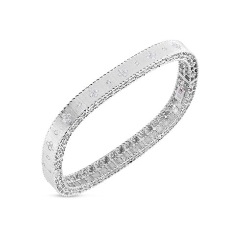 https://www.williambarthman.com/upload/product/Roberto Coin: 18 Karat White Gold Satin Princess Diamond Bangle Bracelet With Round G/H Si1 Diamonds At 0.48Tw 
Size: 46X56