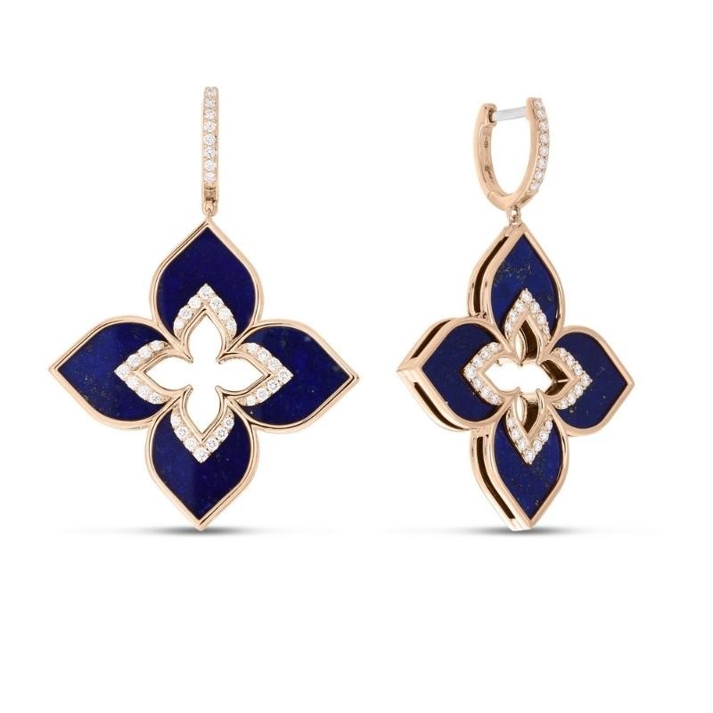 https://www.williambarthman.com/upload/product/Roberto Coin 18k Rose Gold Venetian Princess Lapis & Diamond Flower Dangle Hoop Earrings