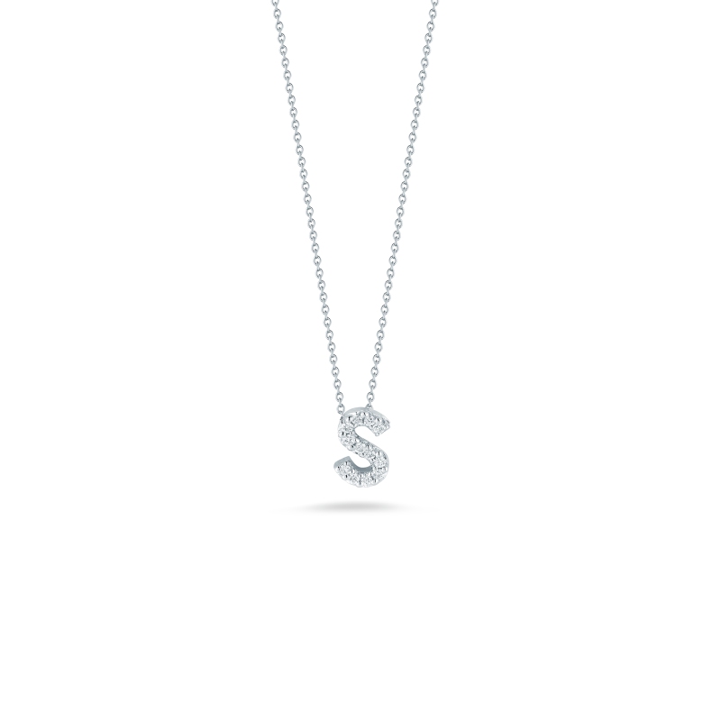 ROBERTO COIN 18K WHITE GOLD LOVE LETTER 'S' NECKLACE WITH DIAMONDS.