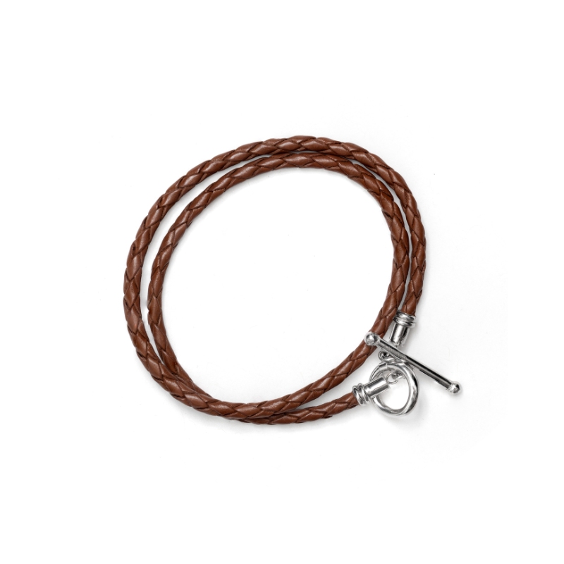 Laurenti 14k White Gold Sophia Braided Leather Wrap Brown Bracelet.