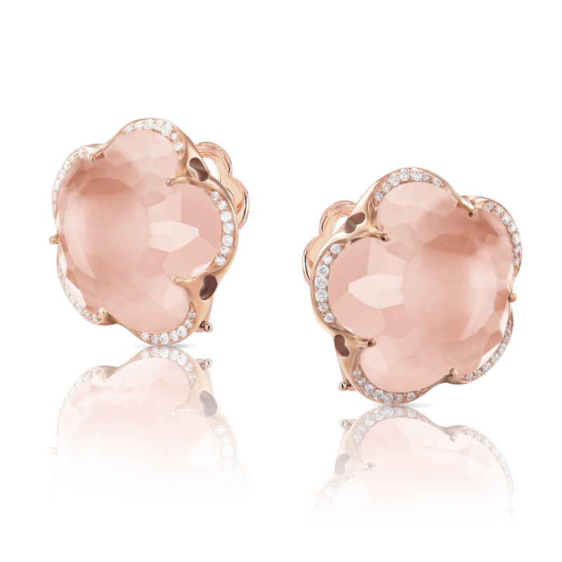 18K ROSE GOLD BON TON ROSE QUARTZ AND DIAMOND STUD EARRINGS 0.17CT, QRTZ-20.39. 