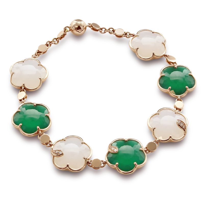 PASQUALE BRUNI 18K ROSE GOLD TON JOLI GREEN AND WHITE AGATE BRACELET. DIA-0.07 GLD-8.77 OTHER-25.11