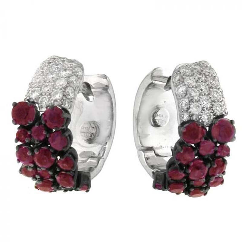 CHIMENTO 18 WHITE GOLD LOULOU HUGGIES WITH DIAMONDS AND RUBIES. DIAS .55CTS, RUBY 1.61CTS