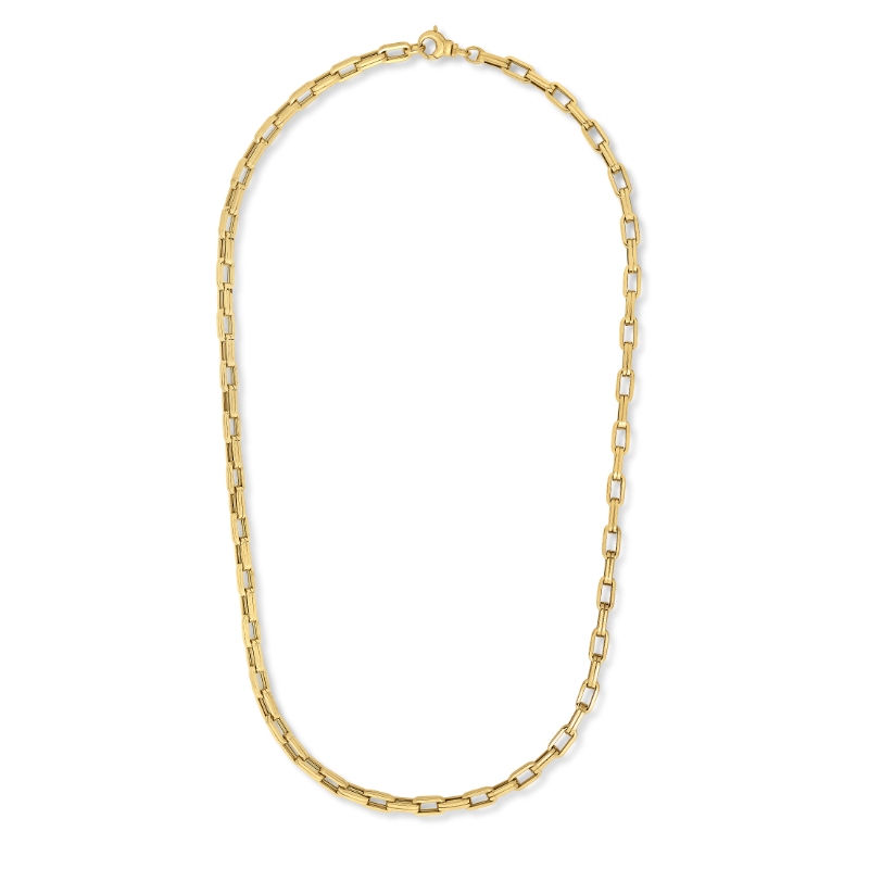 18KT YELLOW GOLD DESIGNER GOLD RIDGED RECTANGULAR LINK CHAIN NECKLACE. 
