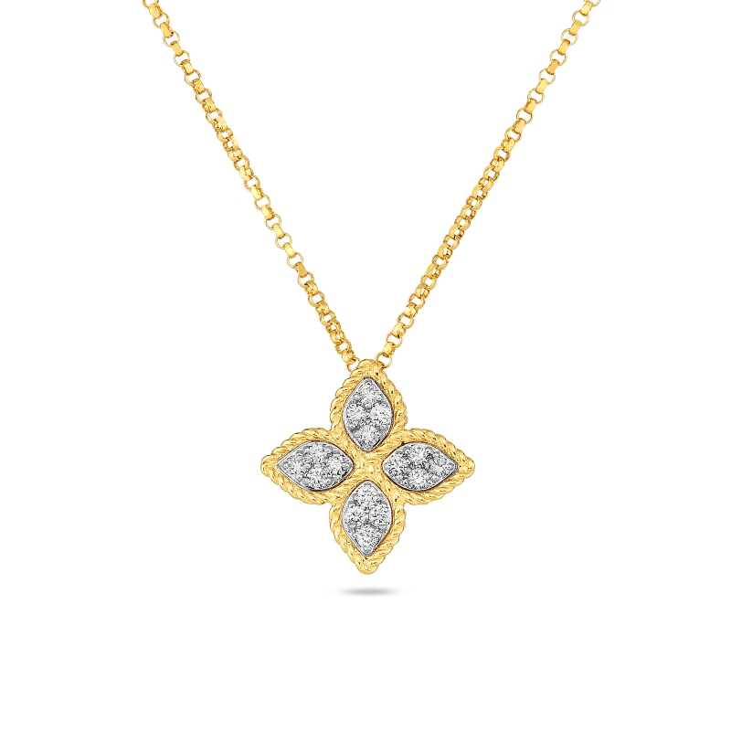 ROBERTO COIN 18K YELLOW AND WHITE DIAMOND PRINCESS FLOWER PENDANT INDP MEDIUM. .17