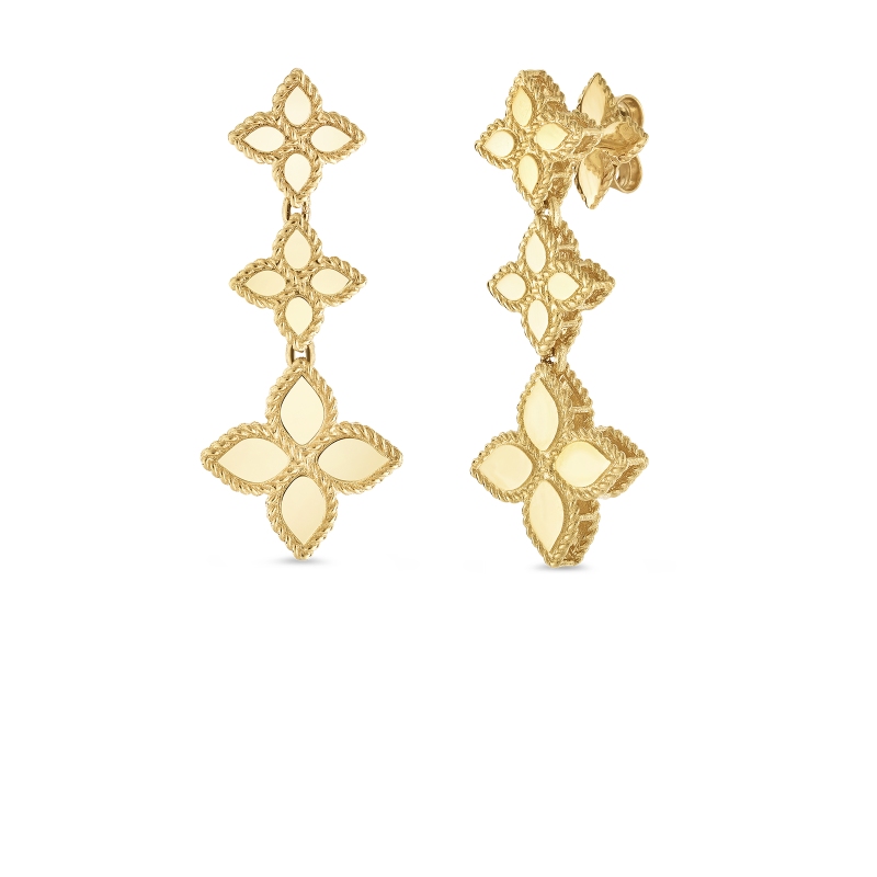 18K YELLOW GOLD SHINY PRINCESS FLOWER DROP 3 TIER EARRINGS. 