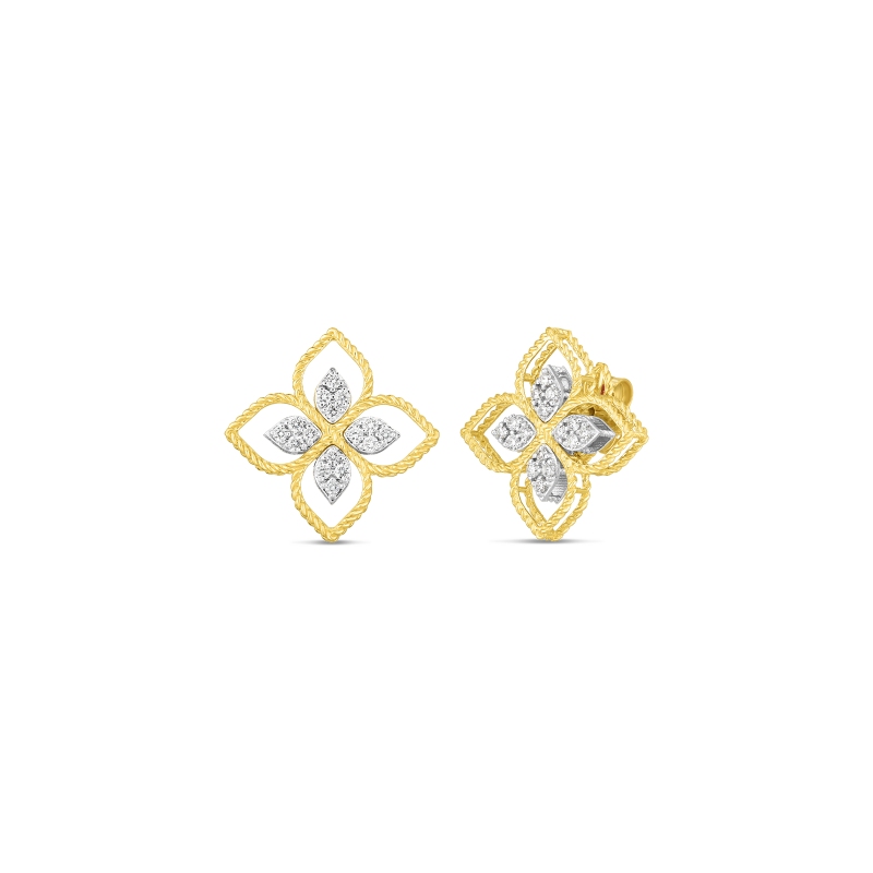 18K YELLOW AND WHITE GOLD DIAMOND PRINCIPESSA FLOWER EARRINGS 0.35. 