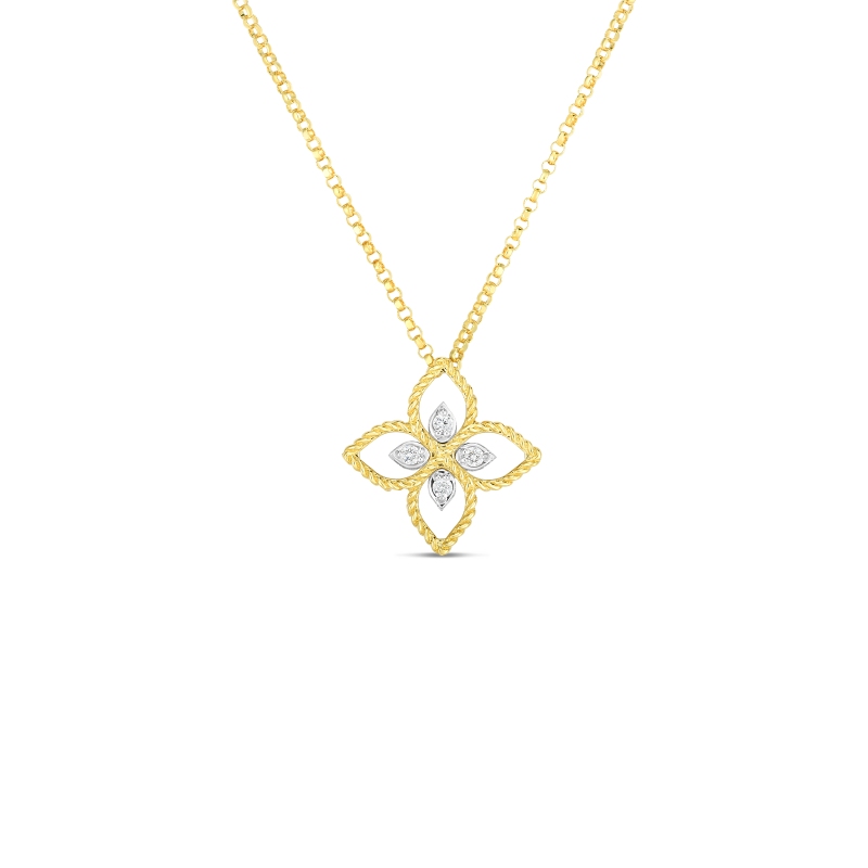 18K YELLOW WHITE GOLD DIAMOND PRINCIPESSA FLOWER NECKLACE. 