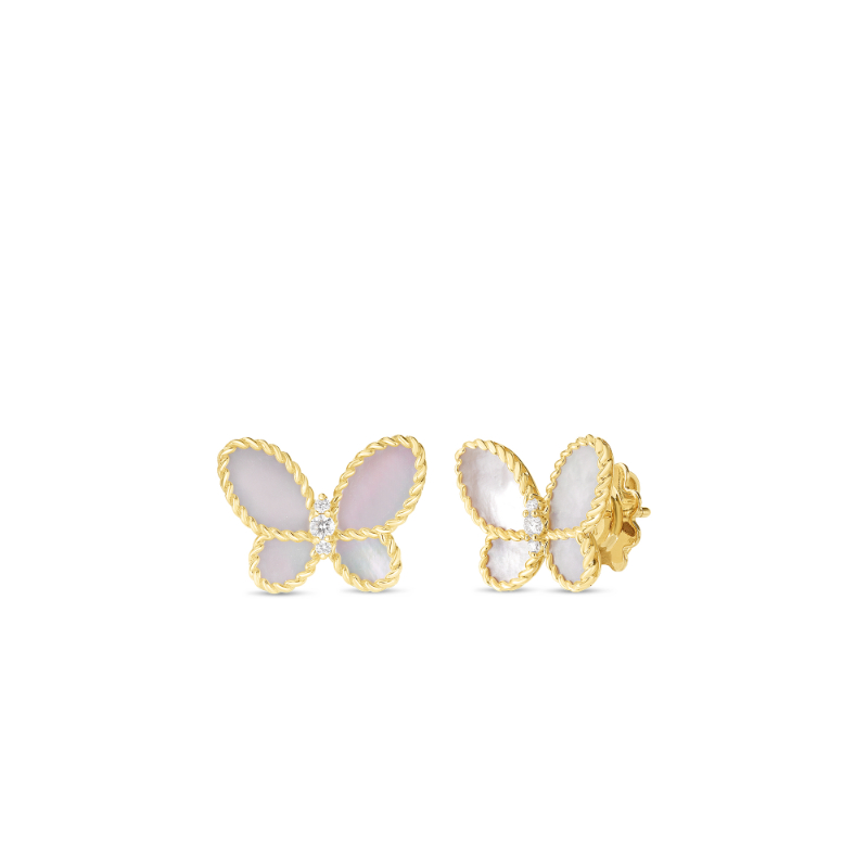 ROBERTO COIN 18K YELLOW GOLD DIAMOND MOP JASMINE BUTTERFLY EARRINGS. 