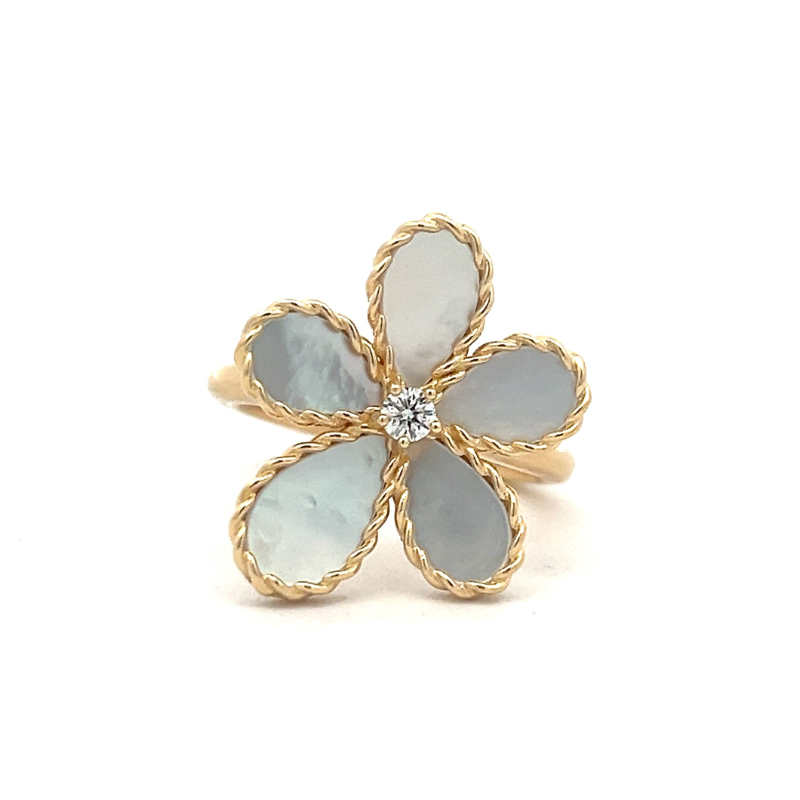 ROBERTO COIN 18K YELLOW GOLD DIAMOND MOP JASMINE FLOWER RING 0.06