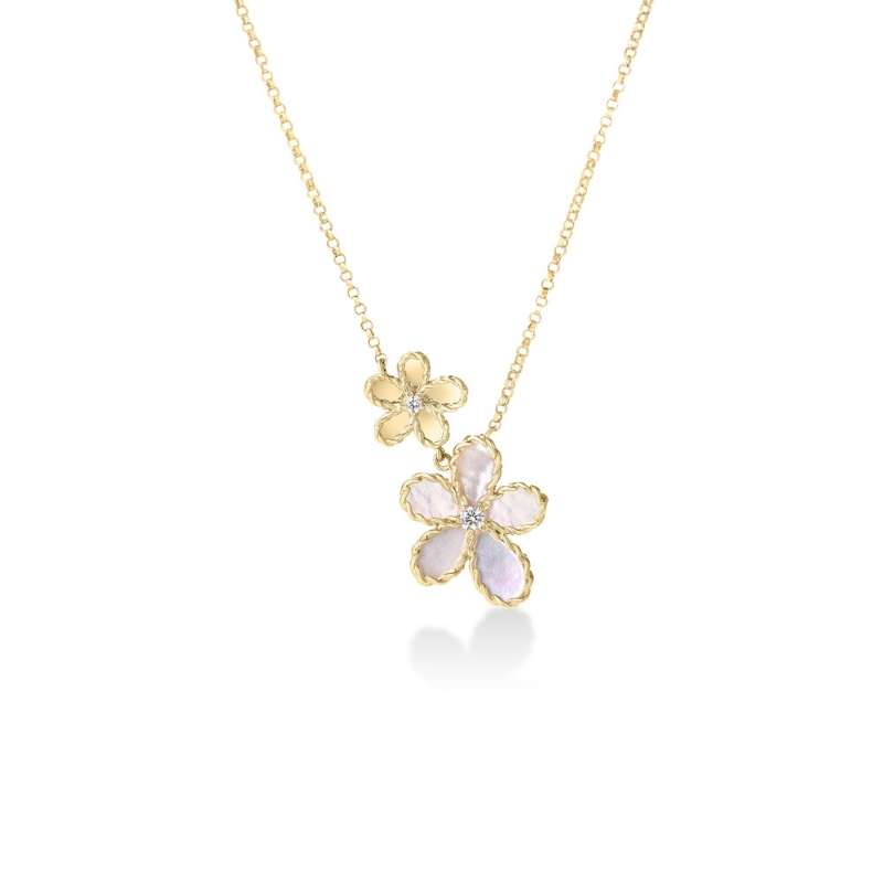 Roberto Coin 18k Yellow Gold Jasmine Diamond and Mother of Pearl Double Flower Necklace