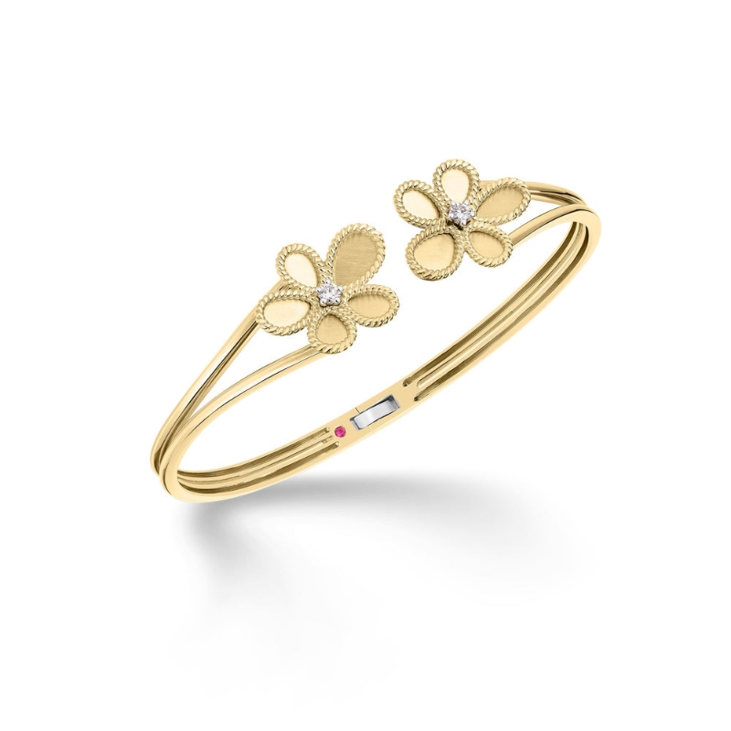 ROBERTO COIN 18K YELLOW GOLD JASMINE FLOWER W/2 DIA BRACELET DIA-0.08. 