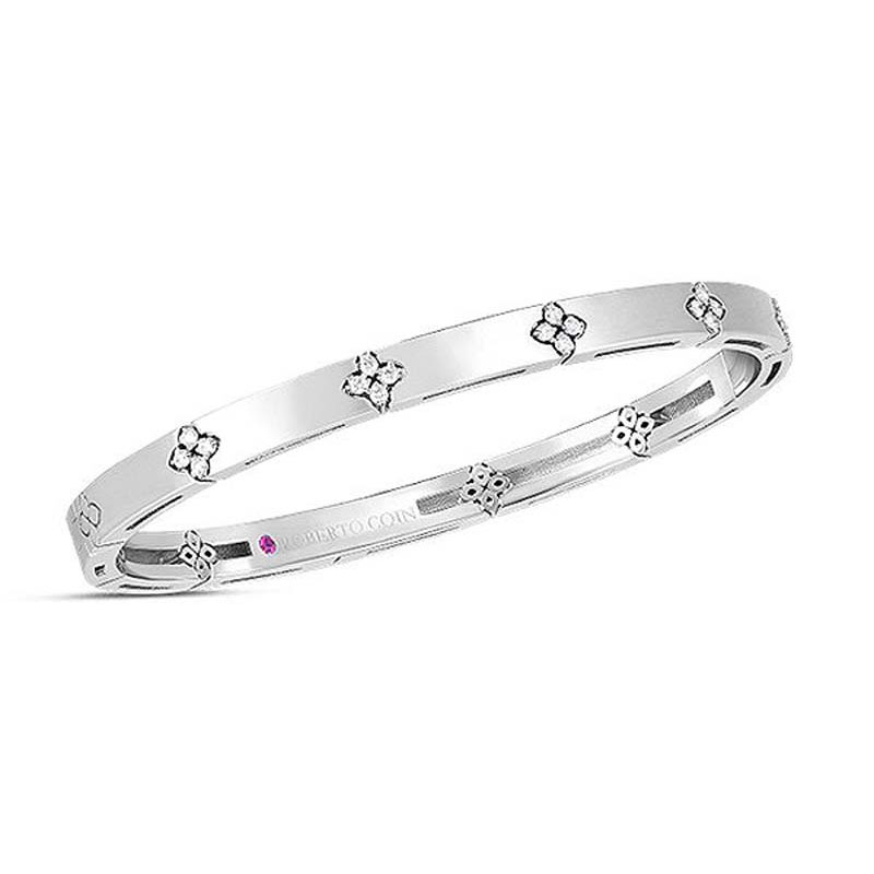 ROBERTO COIN 18K WHITE GOLD DIAMOND LOVE BRACELET VERONA BANGLE 48X58 .15CTS. 