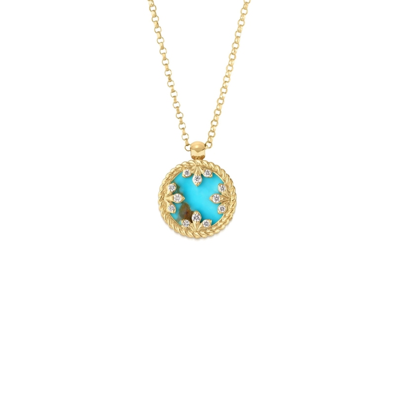ROBERTO COIN 18K YELLOW GOLD DIAMOND TURQUOISE COLORED MEDALLION NECKLACE. DIA-0.05  TURQ-2.00