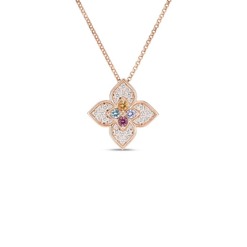 Roberto Coin Rose Gold Diamond Ruby Tanzinite Btop Ventian Princess Necklace. Btop .05 Citr .04 Diam .35 Rub .05 Tanzinite .05