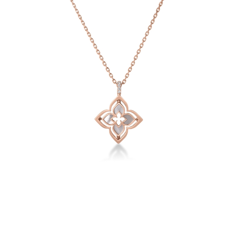 Roberto Coin 18k Rose Gold Diamond and Mother of Pearl Ventian Princess Necklace. Diamond .15ctw Mother of Pearl 1.35
