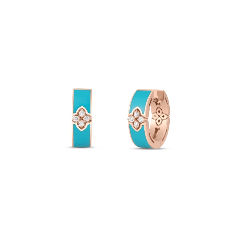 ROBERTO COIN 18K ROSE GLD DIAMOND TURQUOISE ENAMEL LOVE IN VERONA EARRINGS. DIA-0.06