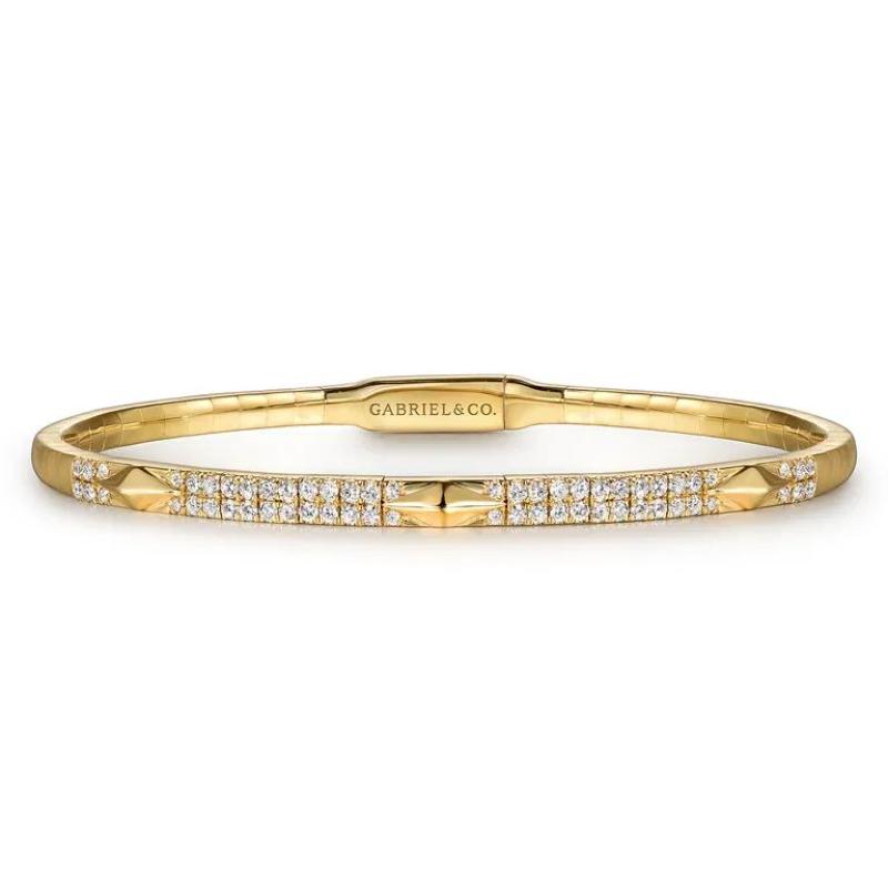 GABRIEL & CO 14K YELLOW GOLD DIAMOND BANGLE WITH PYRAMID RHOMBUS STATIONS. KASLIQUE COLLECTION SI DIA-0.54, SIZE 6.25