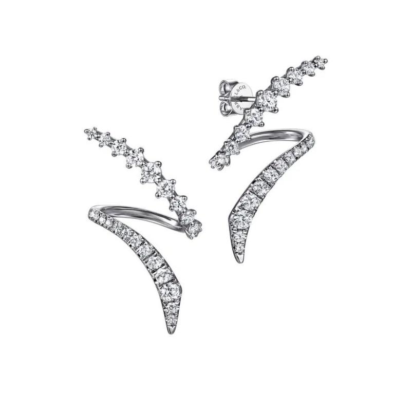 14K WHITE GOLD GRADUATING DIAMOND BYPASS STUD EARRINGS KASLIQUE. COLLECTION SI DIA-0.97