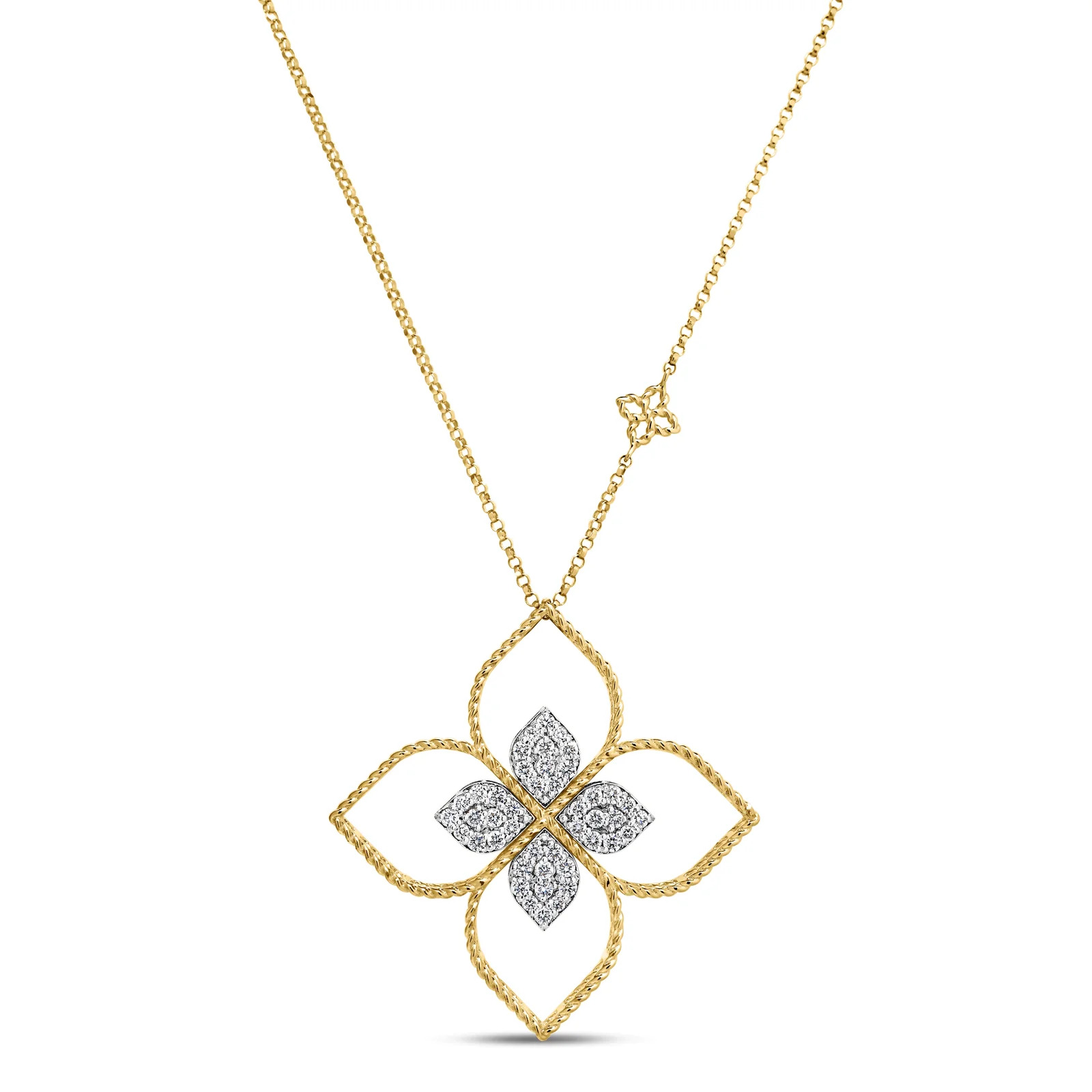 18K TWO-TONE GOLD PRINCESS FLOWER OPEN FRAME PAVÃ‰ DIAMOND NECKLACE