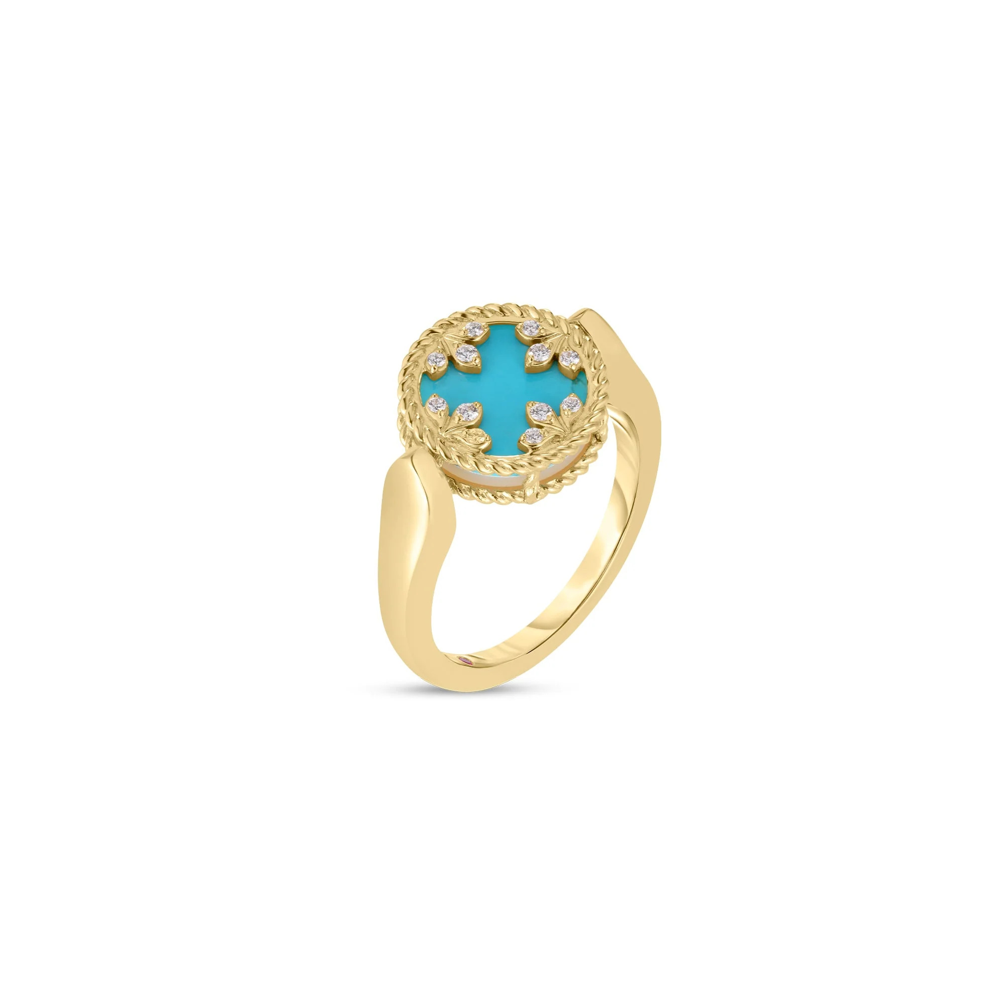 18K YELLOW GOLD VENETIAN MEDALLIONS RING W/TURQUOISE AND DIAMONDS. DIA-0.05 TURQ-2.00