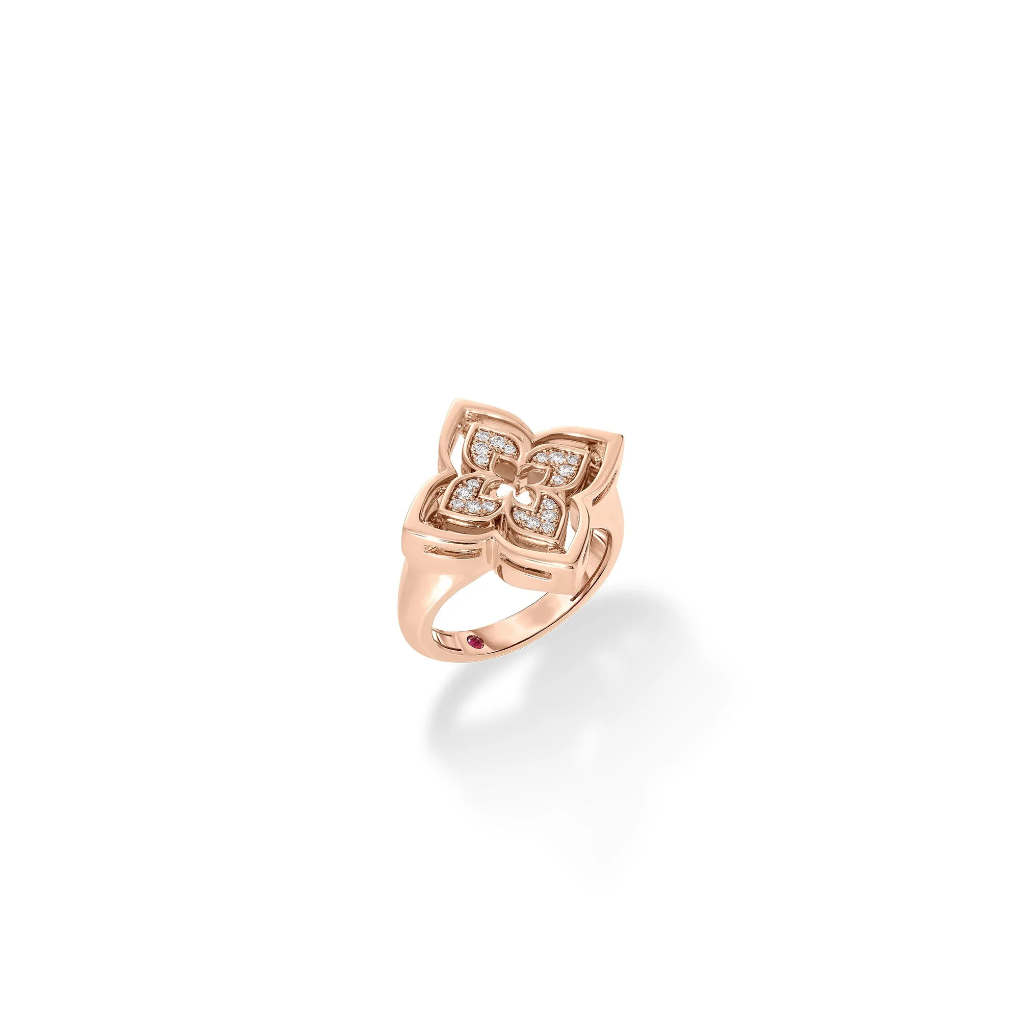 18K ROSE GOLD VENETIAN PRINCESS PIROUETTE PAVÃ‰ SMALL FLOWER RING WITH DIAMOND AND RHODONITE (SIZE 6.5)